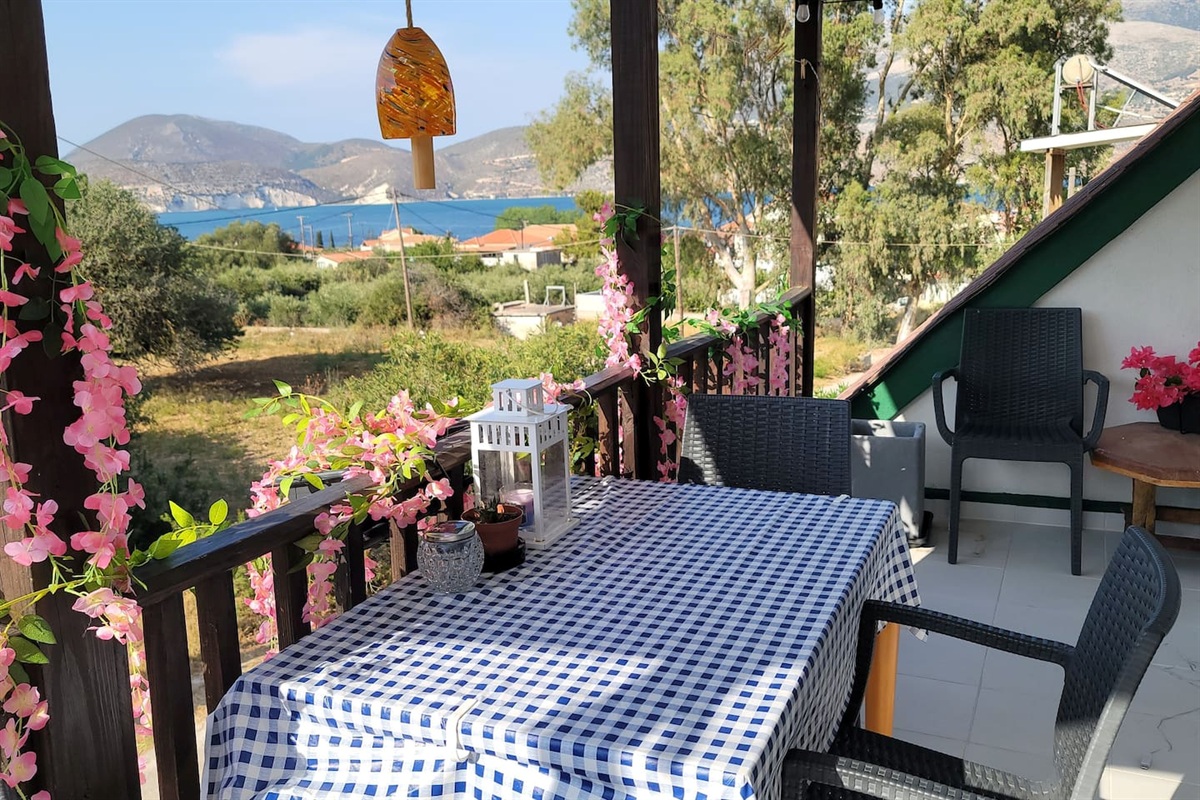 Beautiful sea view from the private balcony, Breakfast, lunch, and dinner with a view!  The table expands to make room for more.