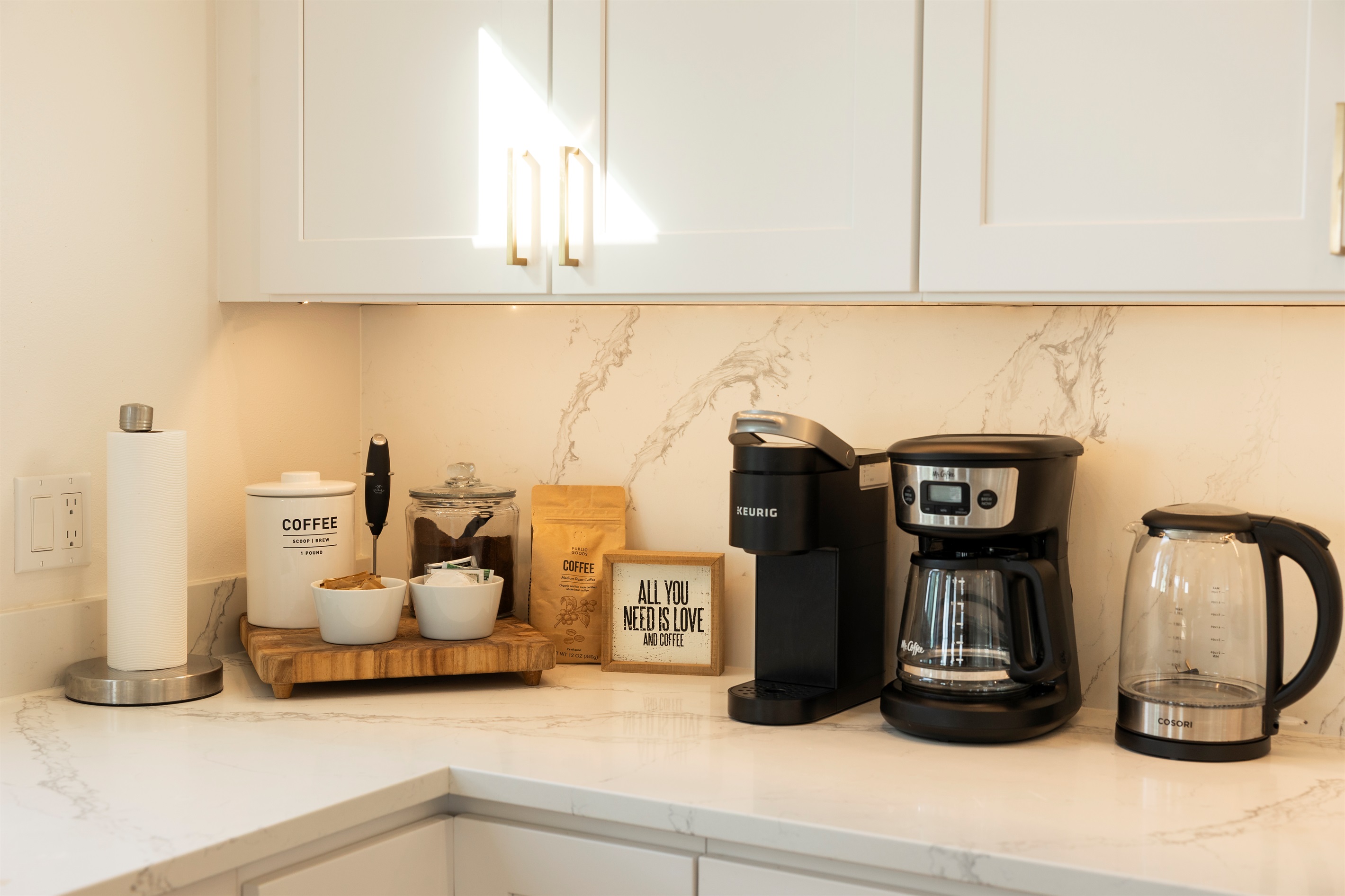 {Coffee Bar} Freshly brewed mornings made easy — free coffee grounds, creamer, and sweetener provided, plus kettle, grinder, frother, drip coffee maker, and Keurig