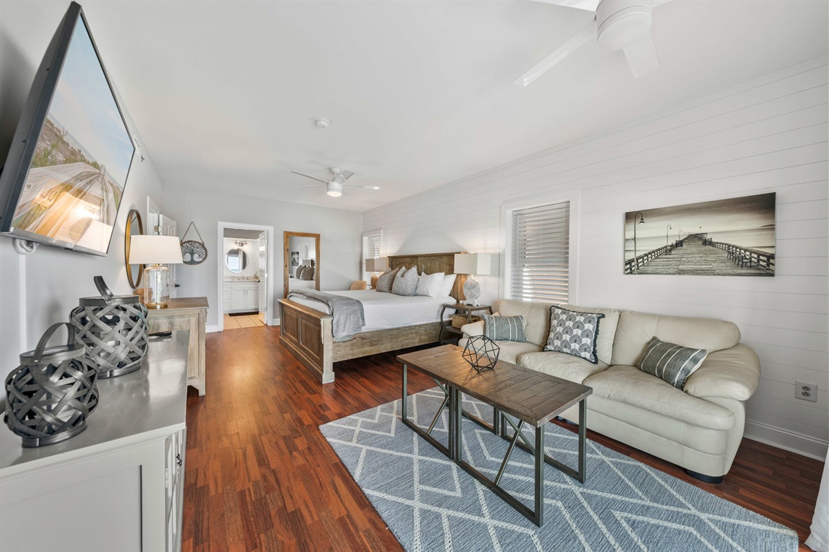 Bedroom 1: Primary King Suite  | Morning Sunrise | 302 Oceanview | 1116 Ocean Blvd, Isle of Palms, SC | IOP Escapes