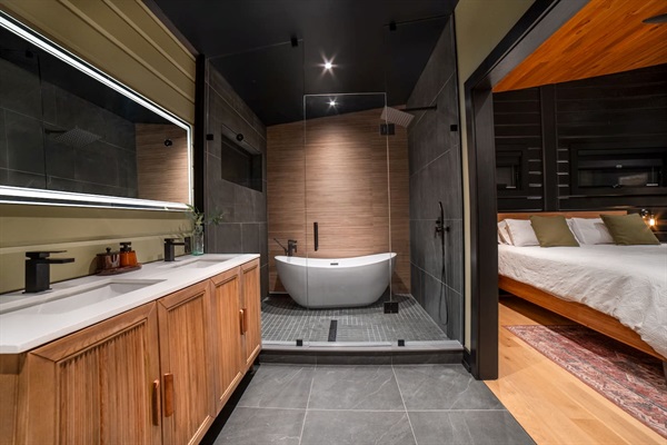 Primary bathroom shower room and soaker tub double sink