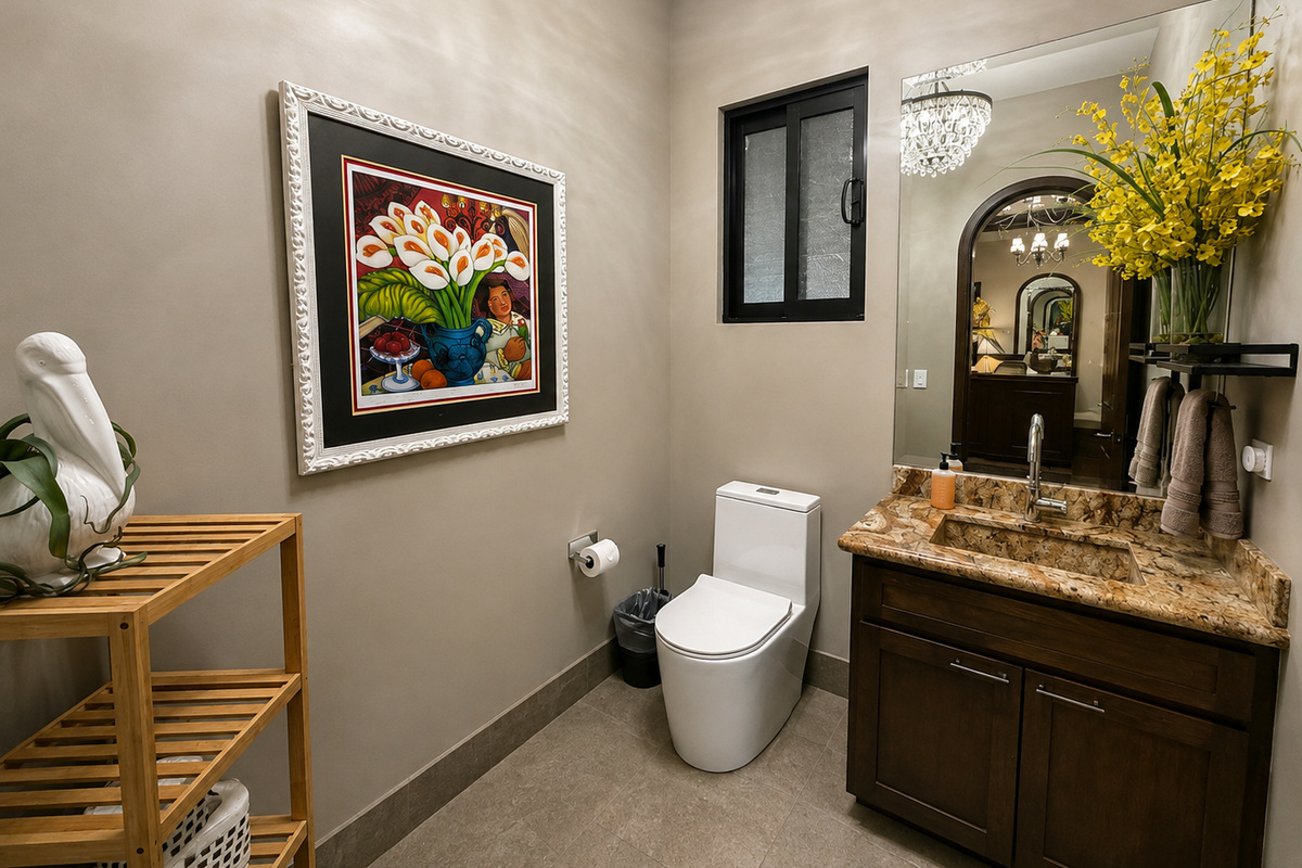 Main House Powder Room: Conveniently located in the main house, this stylish half bath features a modern vanity and toilet, providing an easily accessible restroom for guests in the main living areas.