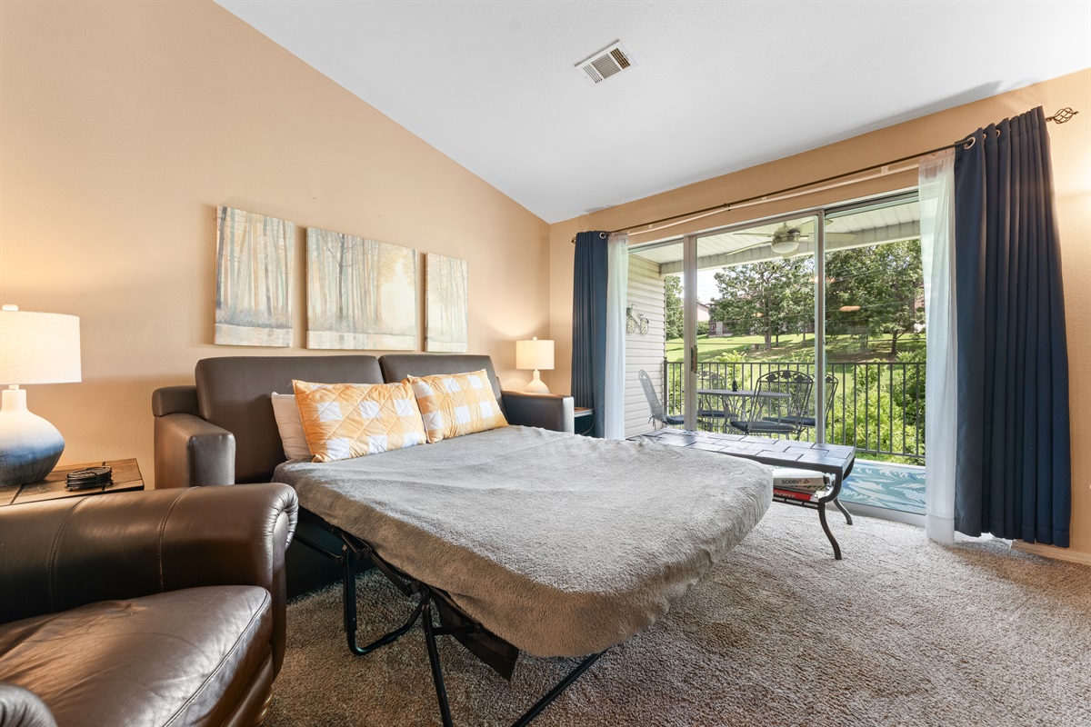 The living room converts to a sleeper sofa for extra flexibility when traveling with kids or friends.