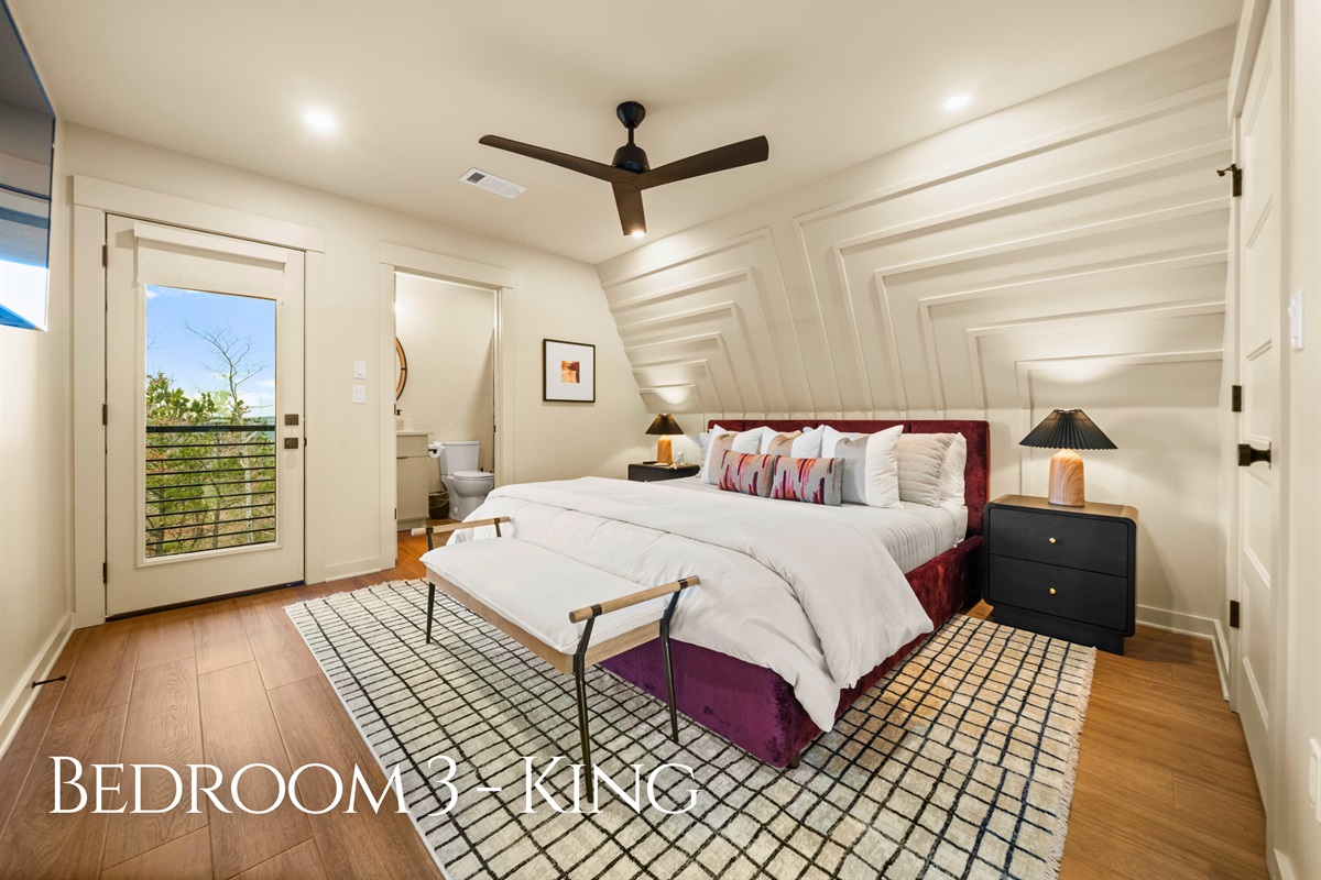 This bedroom feels warm and welcoming, with cozy finishes and plenty of space to settle in, relax, and enjoy a quiet night in.