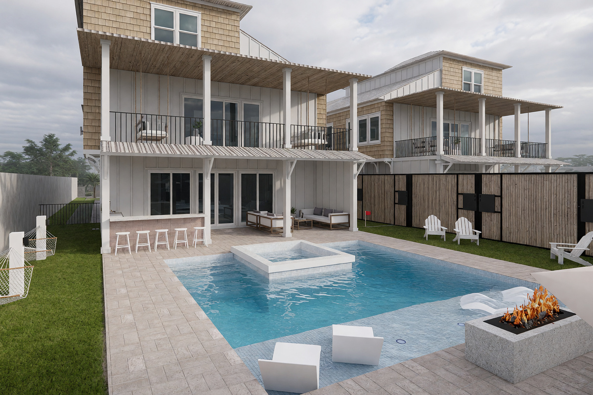 Private Pool with Hot Tub, Poolside Fireplace, Tanning Ledge, Umbrellas, Loungers, and Hammocks | Rendering