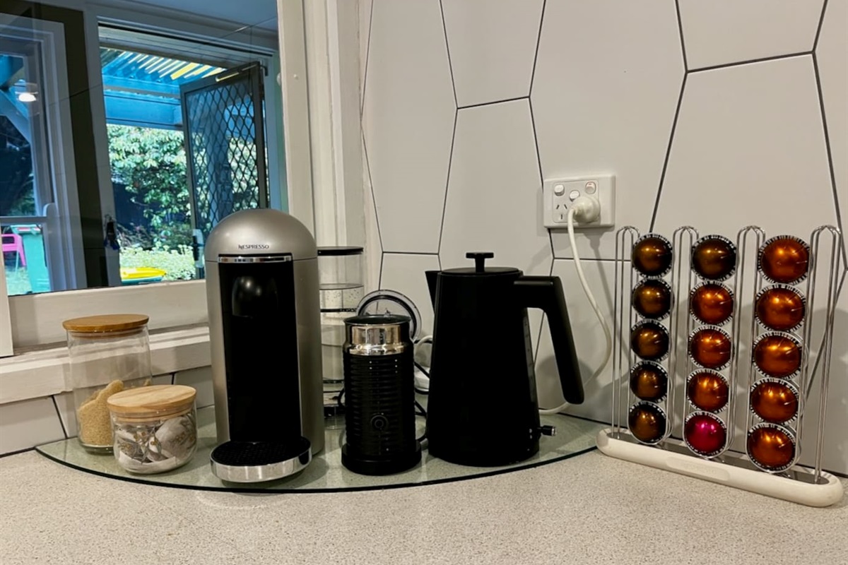 The coffee machine and frother are firm favourites. Coffee pods and teas are provided (BYO milk).