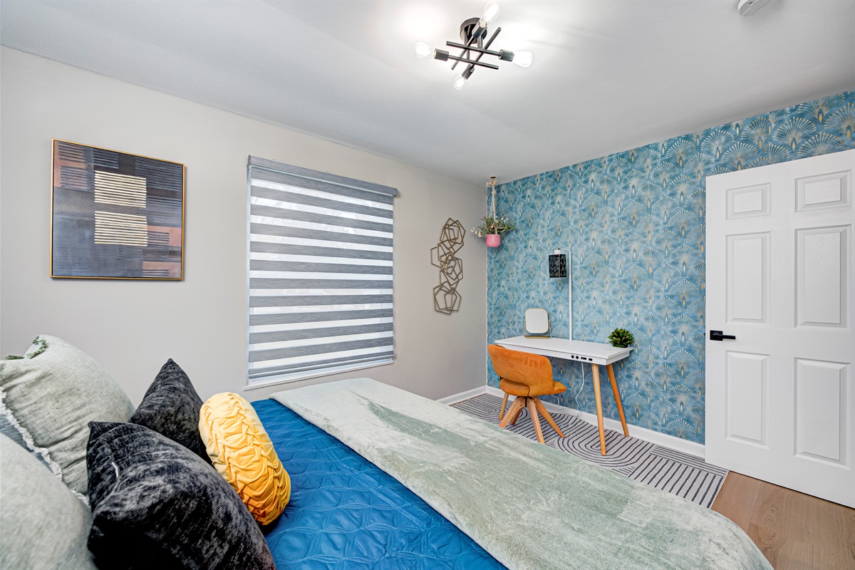 Spacious desk with wireless charging, perfect for remote work