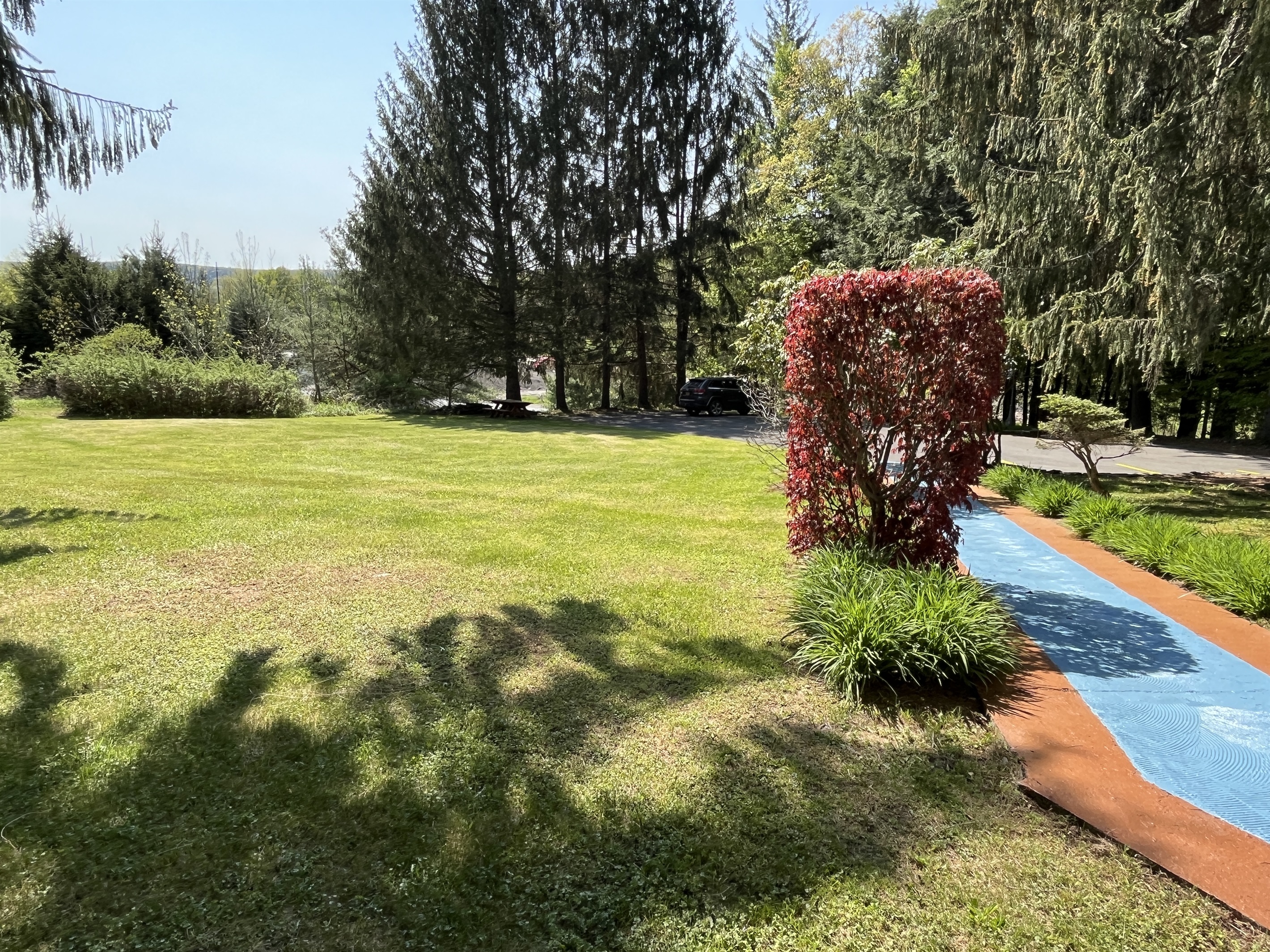View from the front porch, parking area at end of blue pathway.