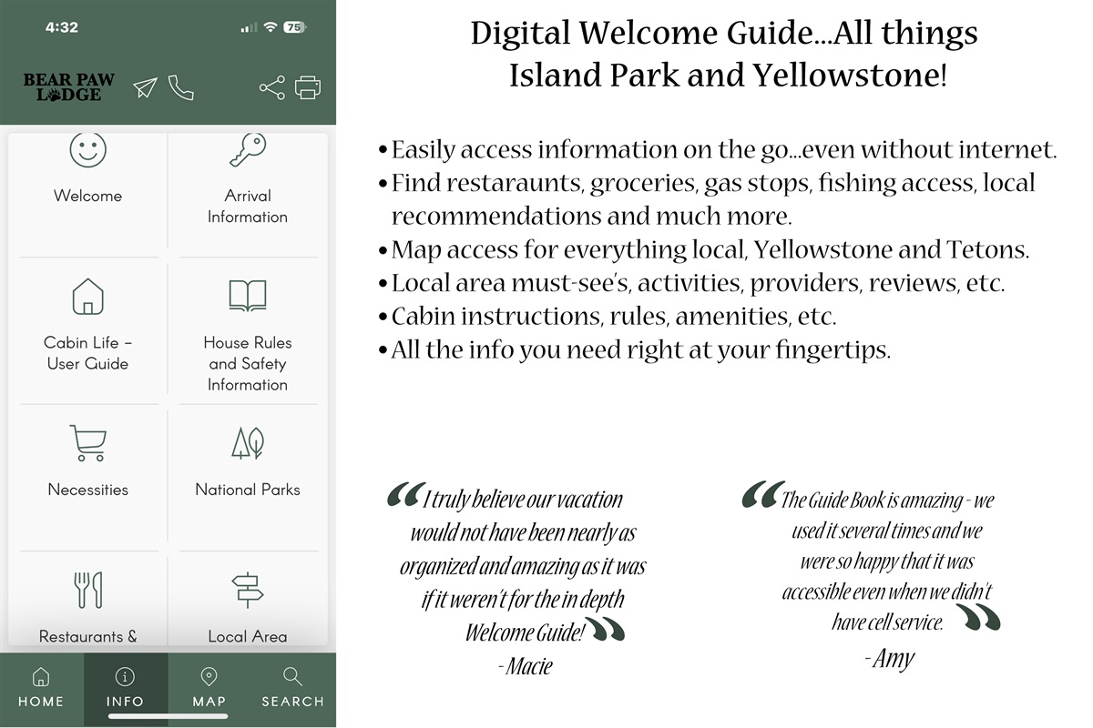 Digital welcome Guide with all things Island Park and Yellowstone right at your fingertips! Available in numerous languages. Access without WiFi when downloaded as an app to your phone.