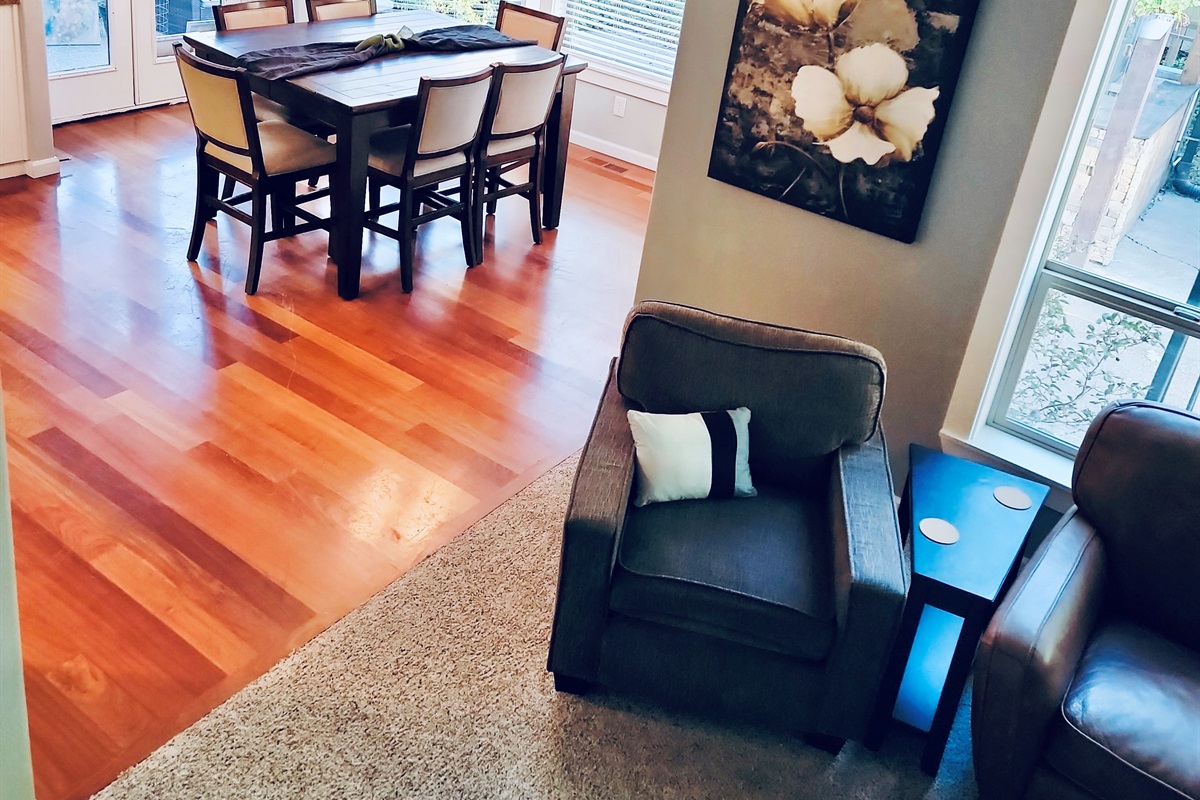 View from second floor landing, to Living Room 2 and Dining Room 2