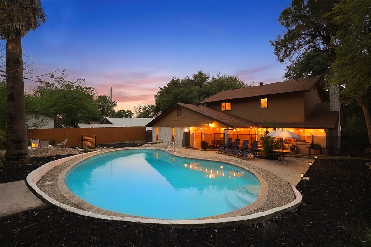 Private pool oasis at sunset with cozy lounge seating ✨