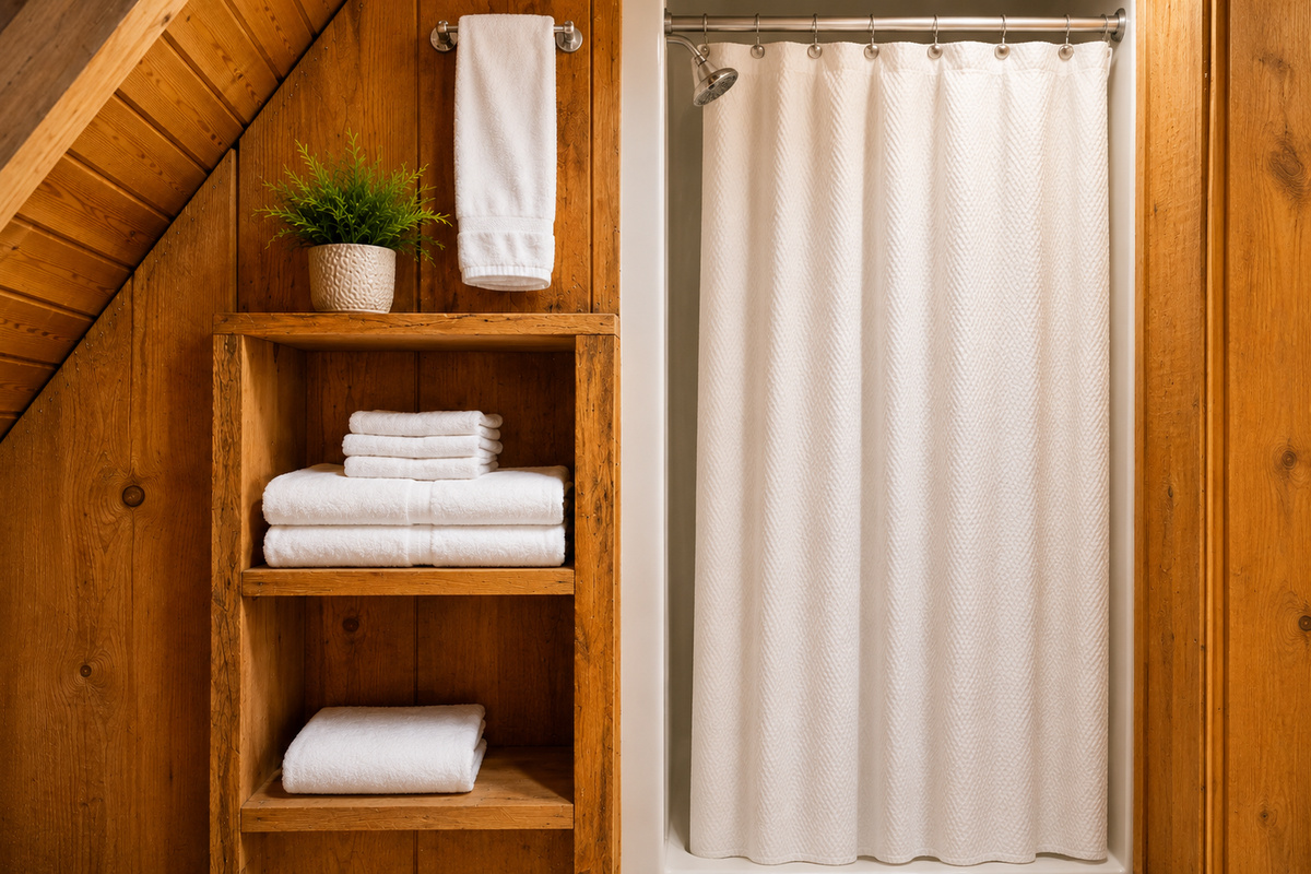 Upper level shower, adjacent to bedroom and bathroom.