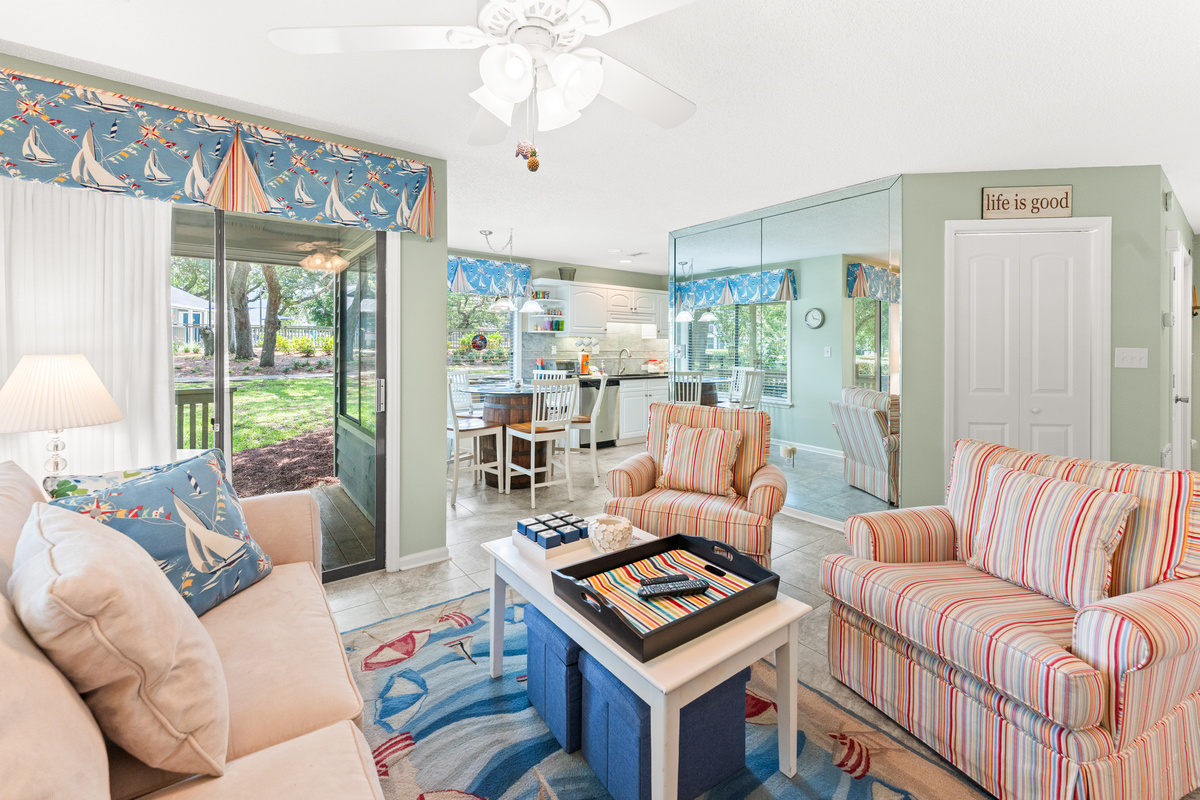 Spacious Living room with Sleeper sofa, Large TV and patio access