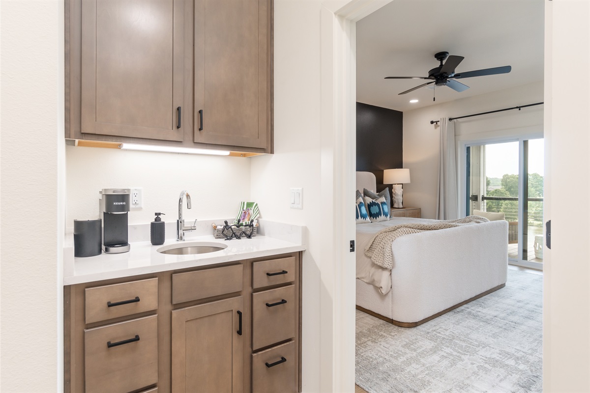 Wet Bar with Coffee Maker Right Outside the Primary Bedroom