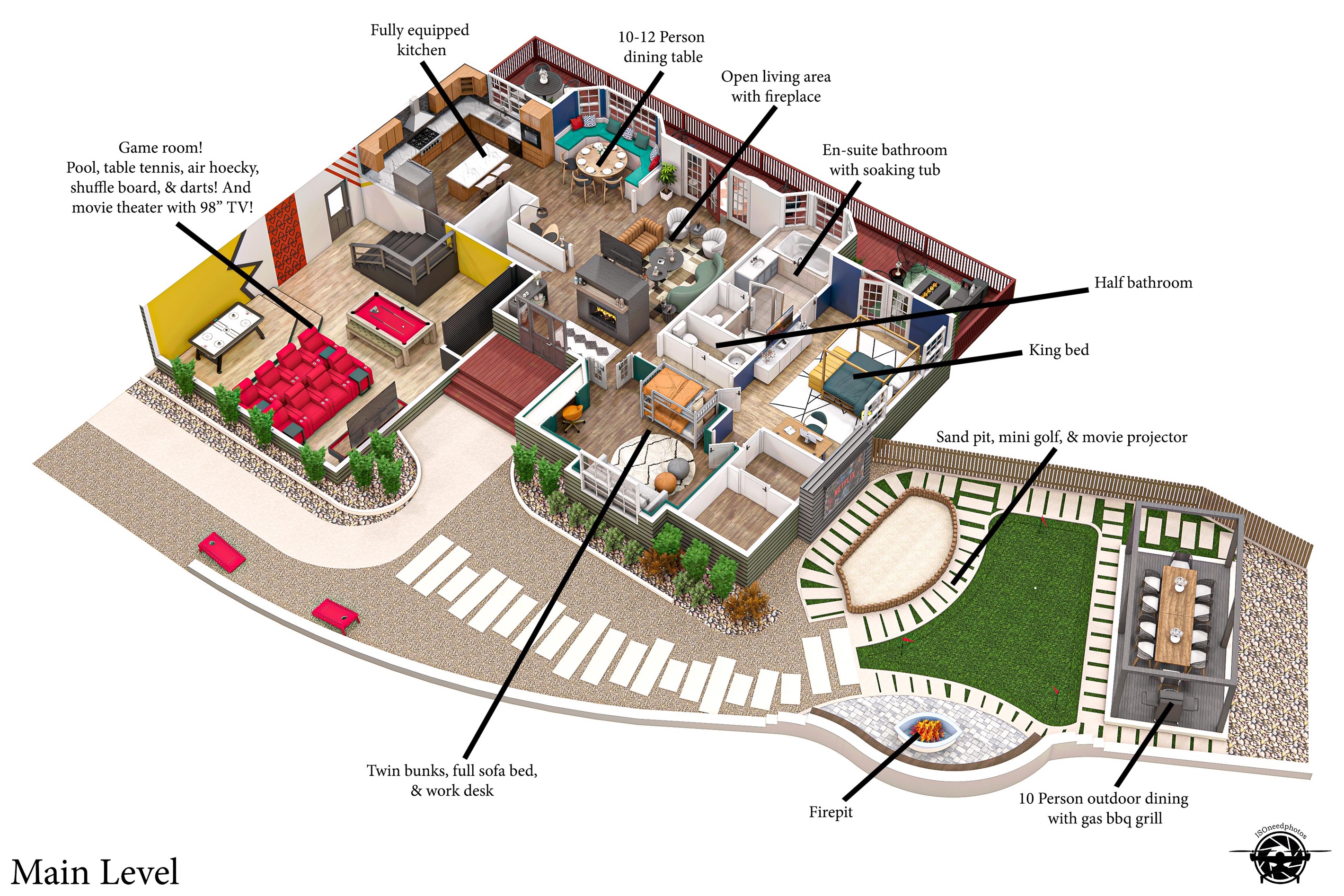 Experience the ultimate gathering space with a fully equipped kitchen, a 10-12 person dining table, and a cozy living area with a fireplace. Enjoy a game room with pool, air hockey, and a 98”