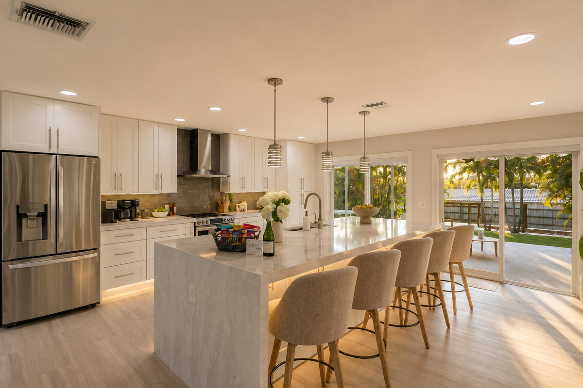 Gather around the island for coffee, snacks, or casual meals while the sliding doors keep the patio and pool within easy reach.