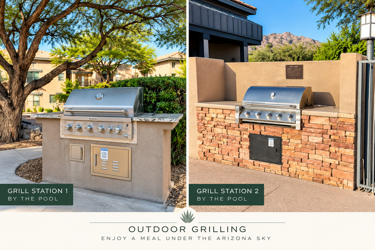 Two outdoor gas grill stations by the community pools, perfect for BBQs, outdoor dining, and relaxing in the Tucson, Arizona sunshine.
