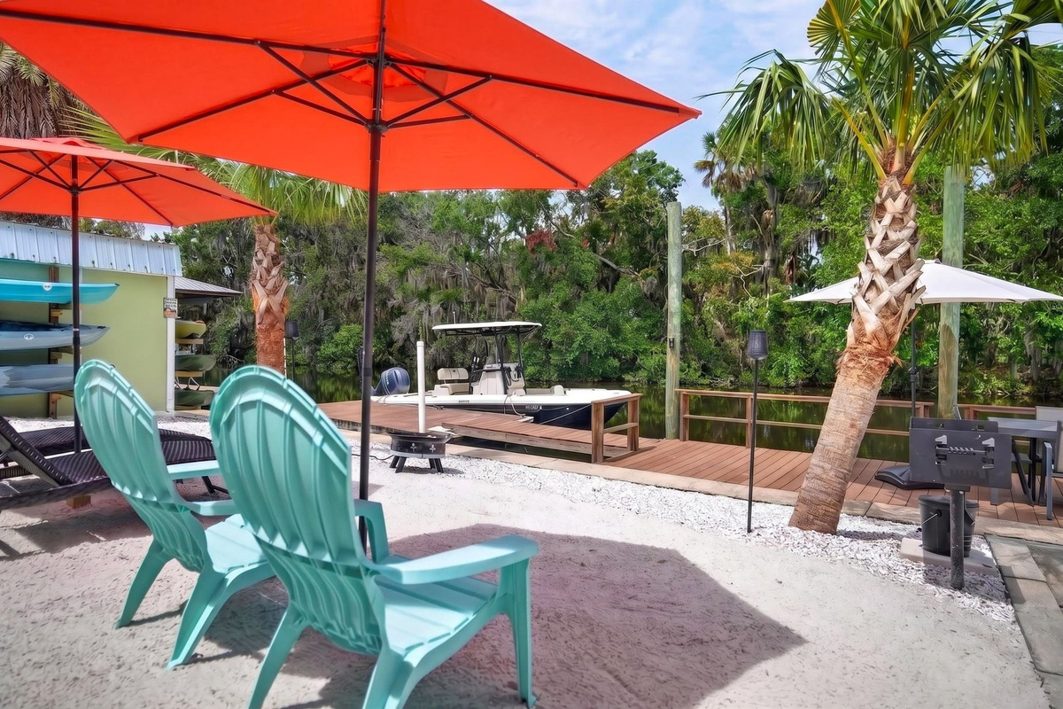 Outdoor patio seating with umbrella