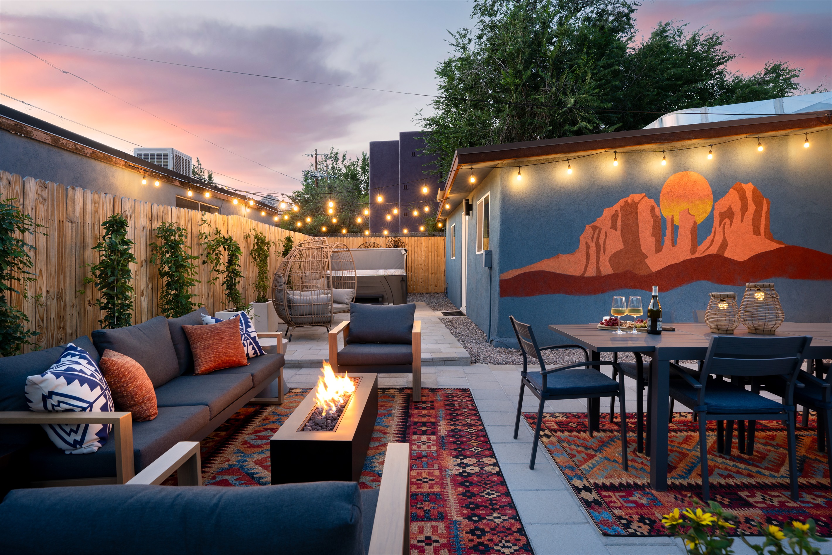 Sedona sunset vibes and sparkling string lights set the scene for a perfect evening of relaxation and connection.