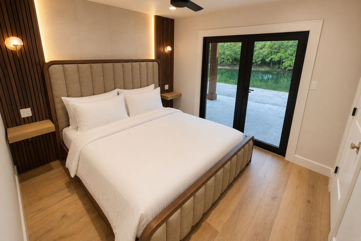 Downstairs king bedroom with patio exit to outdoor living space