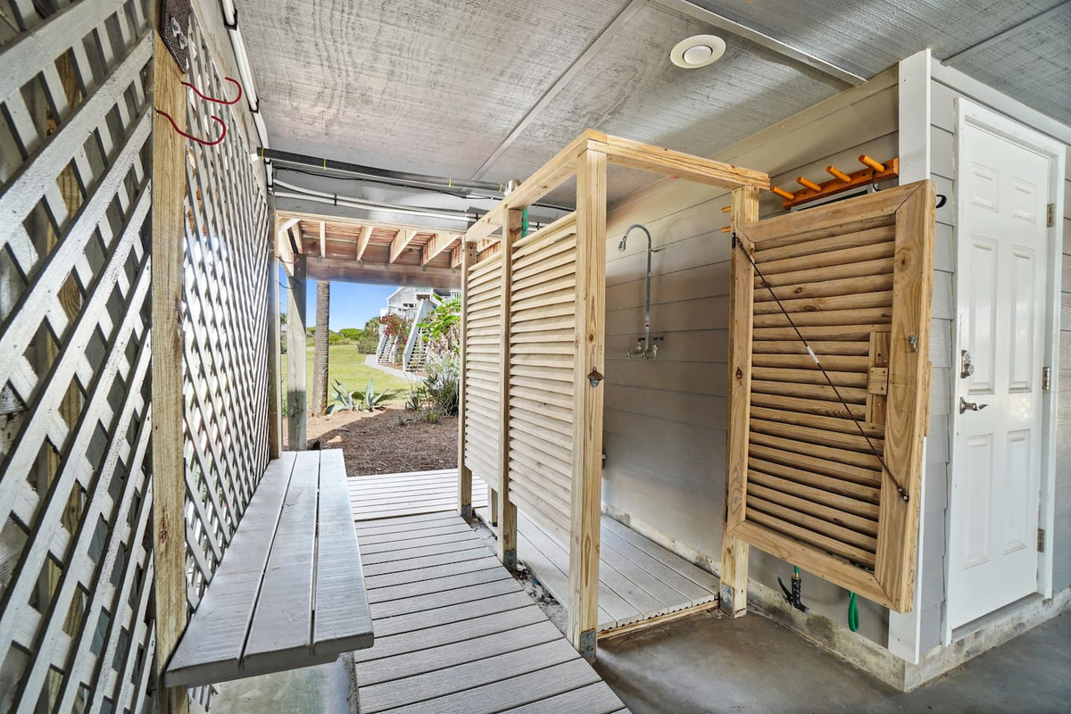 Go ahead and rinse the salt off in the enclosed outdoor shower before you even think about going inside.