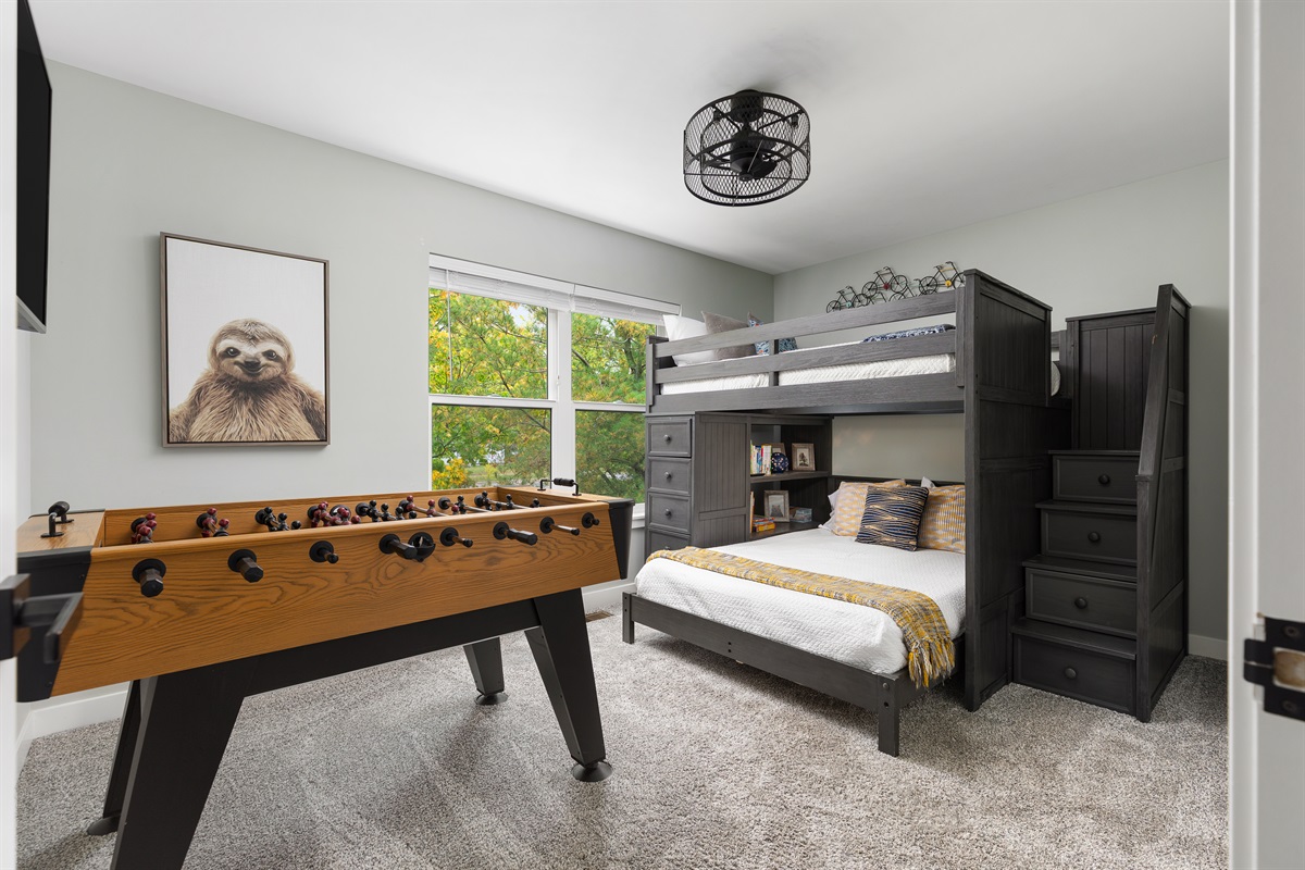Second bedroom with full over full bunks, foosball and many toys and books!
