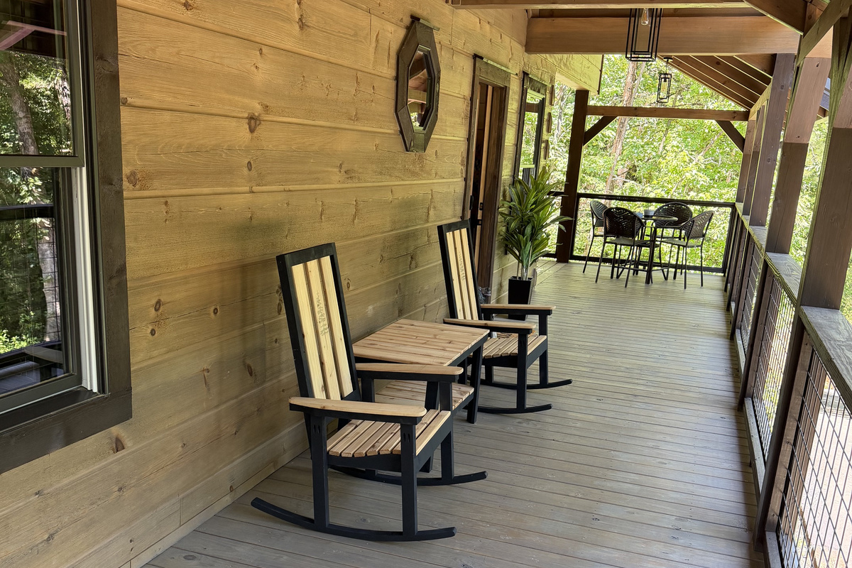 Front Deck with handmade rocking chairs and table for two