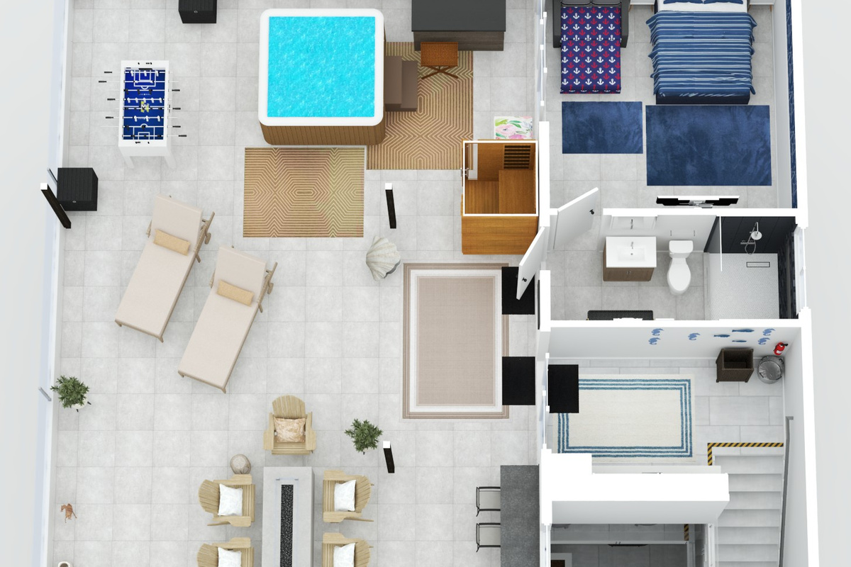 The third floor rooftop deck has a minibar, Queen bedroom with ensuite bathroom, hot tub, infrared sauna, foosball table, sun loungers, firepit, outdoor kitchen with grill, and multiple seating areas.