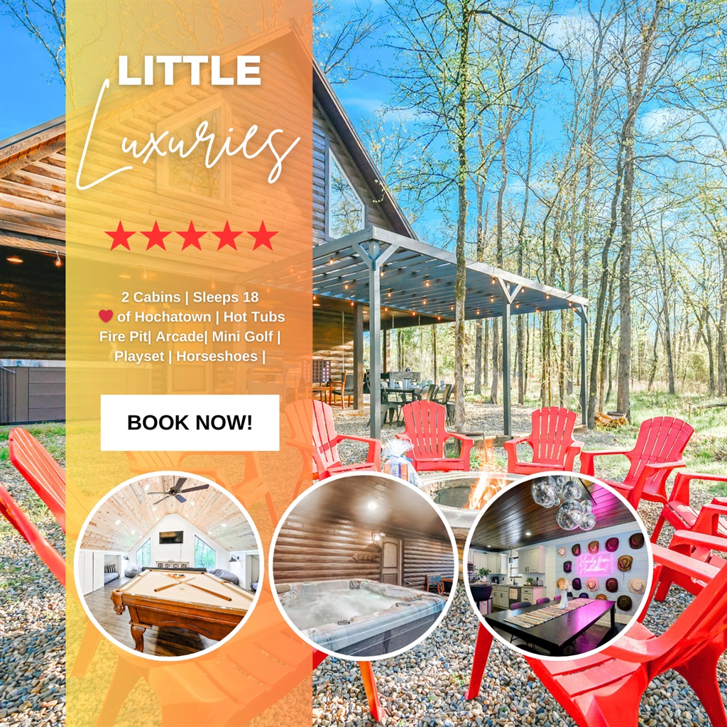 Both cabins together | Disco Cowboy sleeps 10; Boots + Beats sleeps 8. Book the whole property for up to 18 guests, with 2 hot tubs and shared mini golf.