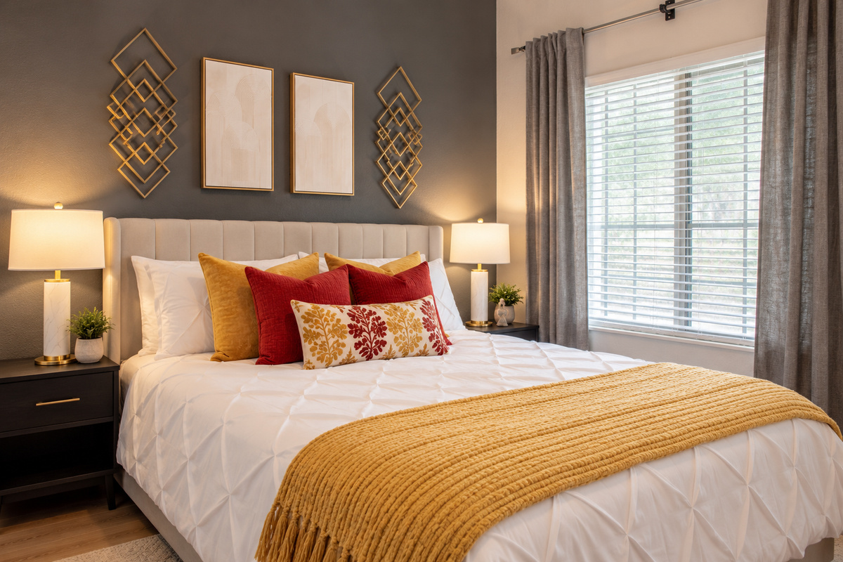 “Bright and cozy bedroom with plush bedding and soft lighting.”