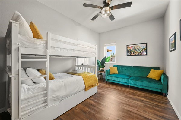 Bedroom 3 is perfect for the kids with a twin-over-twin bed and additional twin trundle. The couch also folds out into a bed!
