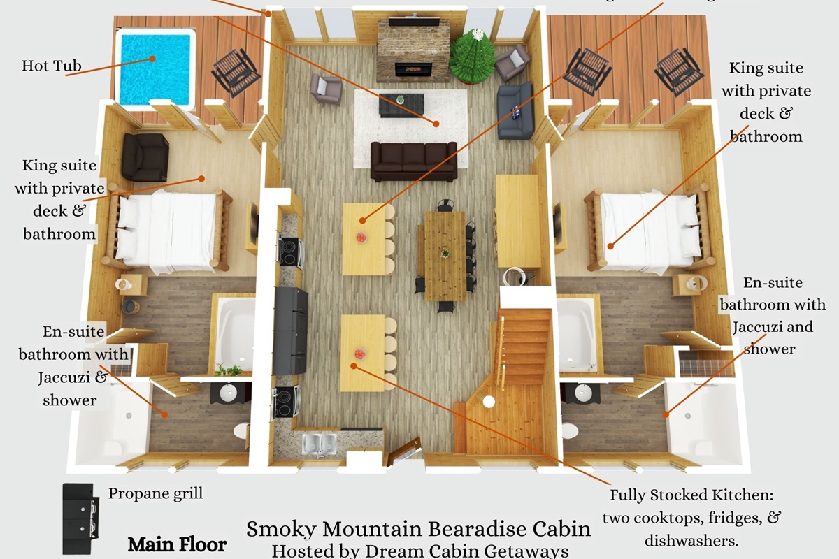 Main floor with two kings with en suite bathrooms and private decks. Living room with electric fireplace. Kitchen with double appliances and plenty of table and bar seating. 