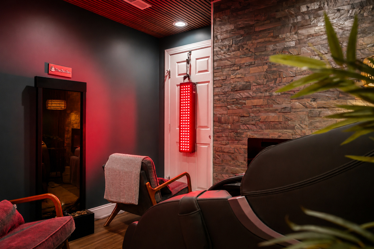 The Zen Den glows with red light therapy, creating a dramatic spa atmosphere for guests who want to unwind, recharge, and enjoy a wellness-focused escape right inside Chateau Greenstone.