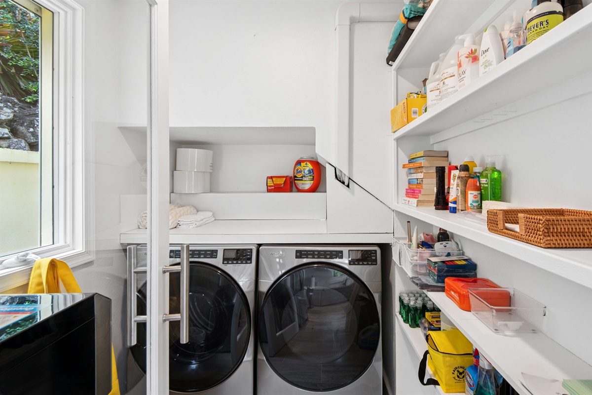 Washer and dryer in a bright utility space, pack light and stay fresh.