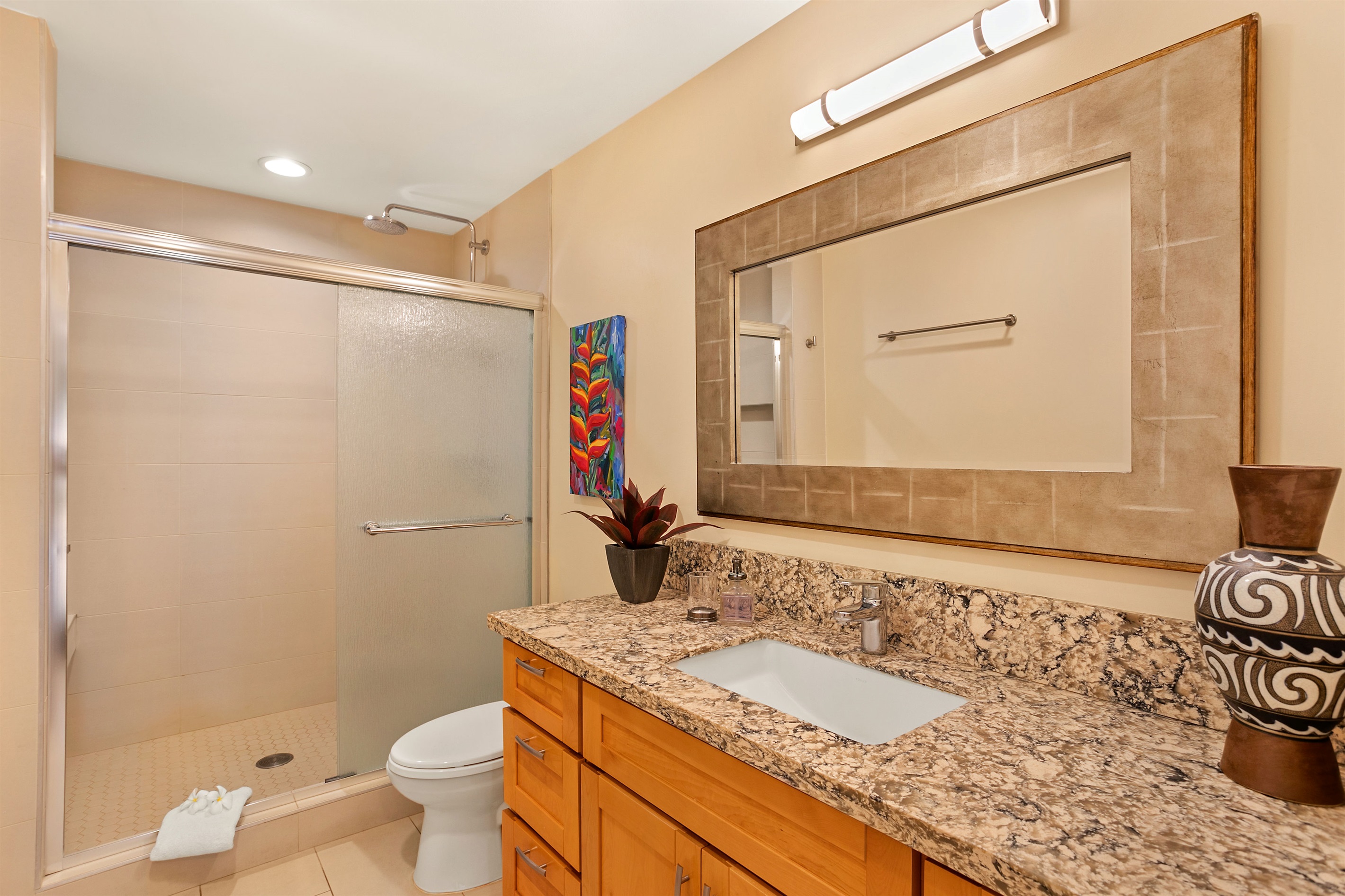 The main bathroom features an oversized shower with a rain-head