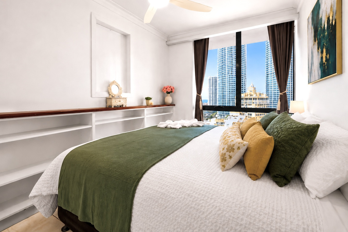 This bedroom includes a comfortable bed, ceiling fan, bedside lighting and built-in shelving, giving the apartment a practical second sleeping space.