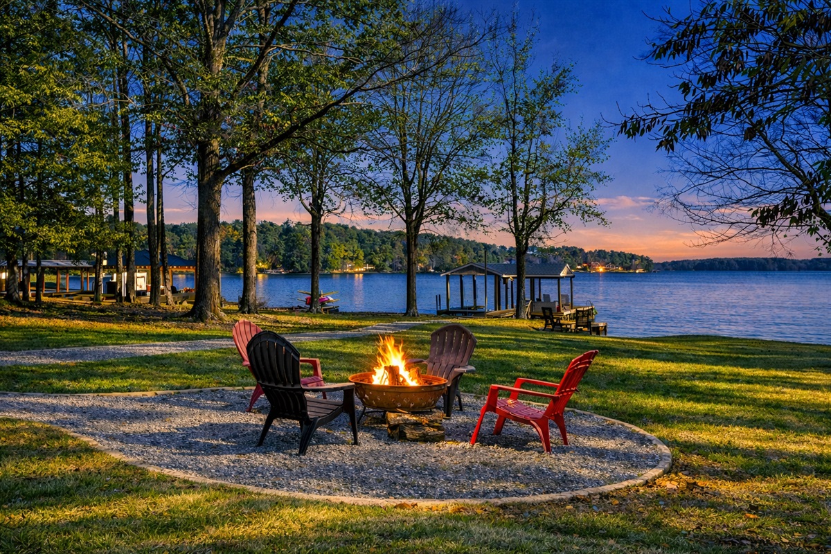 Outdoor Fire Pit: Gather around the fire, toast marshmallows, and soak in serene lakeside views!