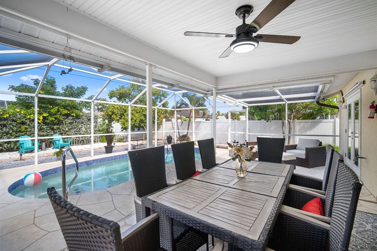 Lanai with the dining table and the pool