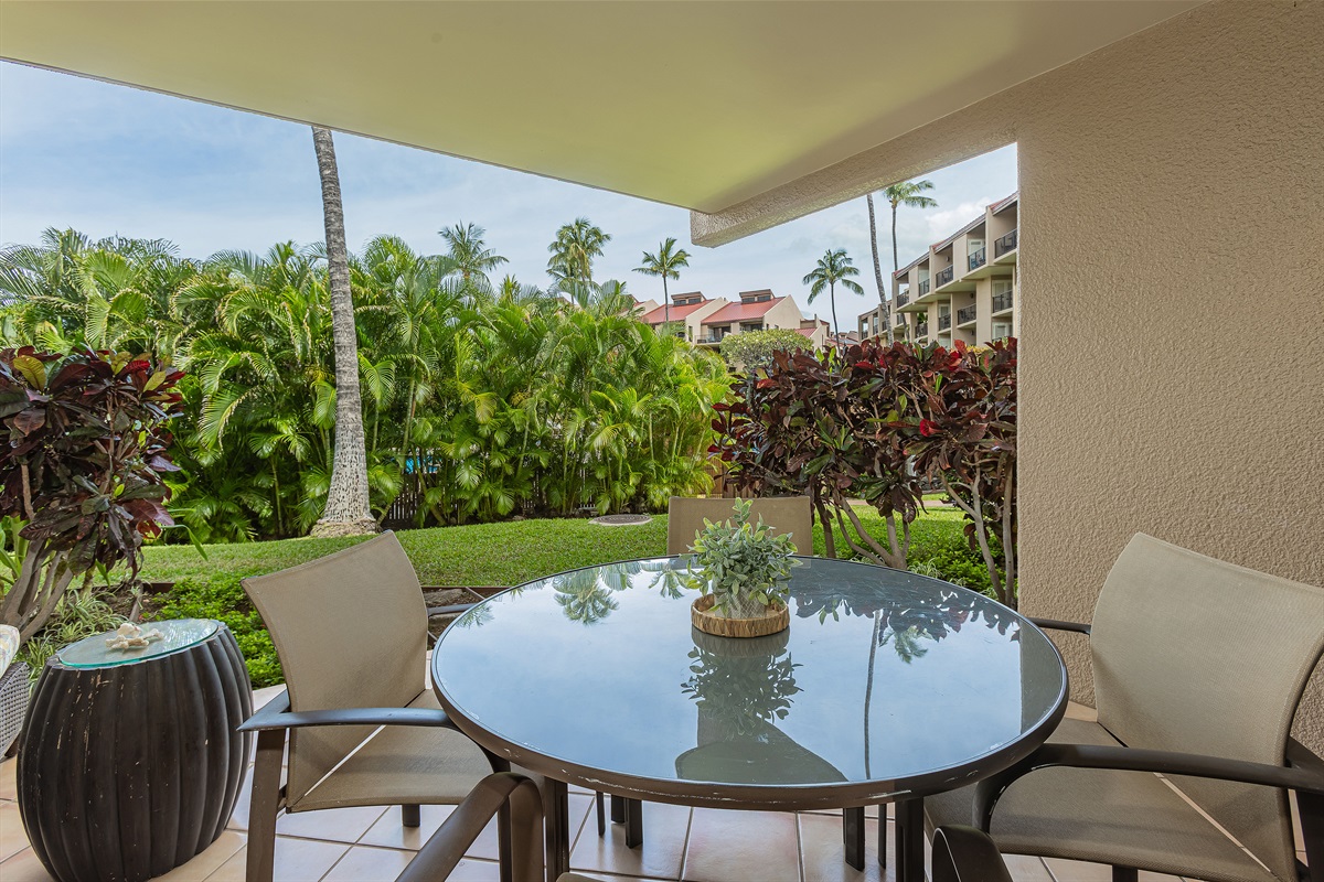 Your morning coffee spot with lush green surroundings!