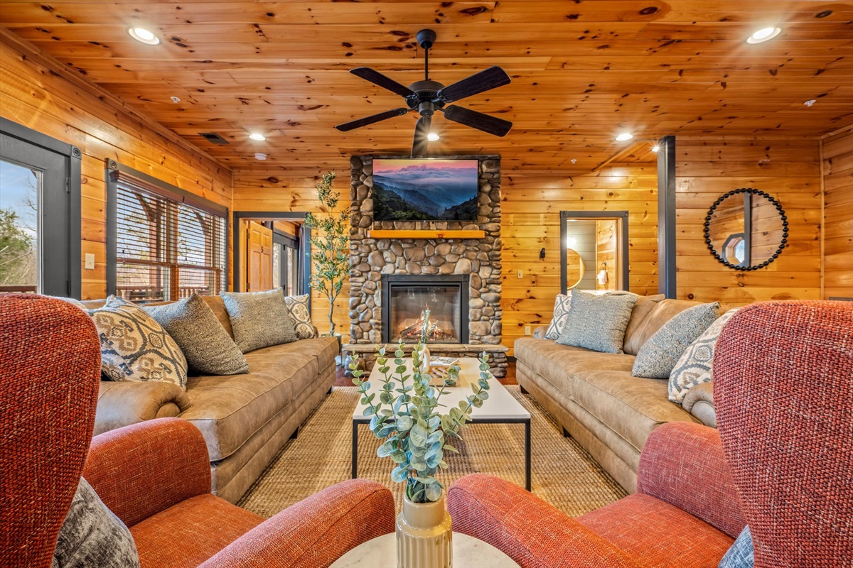 The cozy family room has plenty of seating 