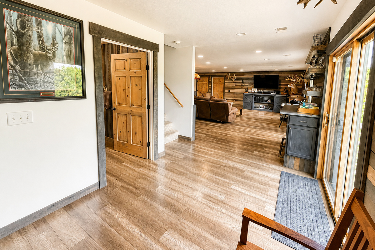 Bright interior layout connecting the lodge kitchen, dining, living, and sleeping areas, making it easy for families and groups to spread out while still enjoying time together.