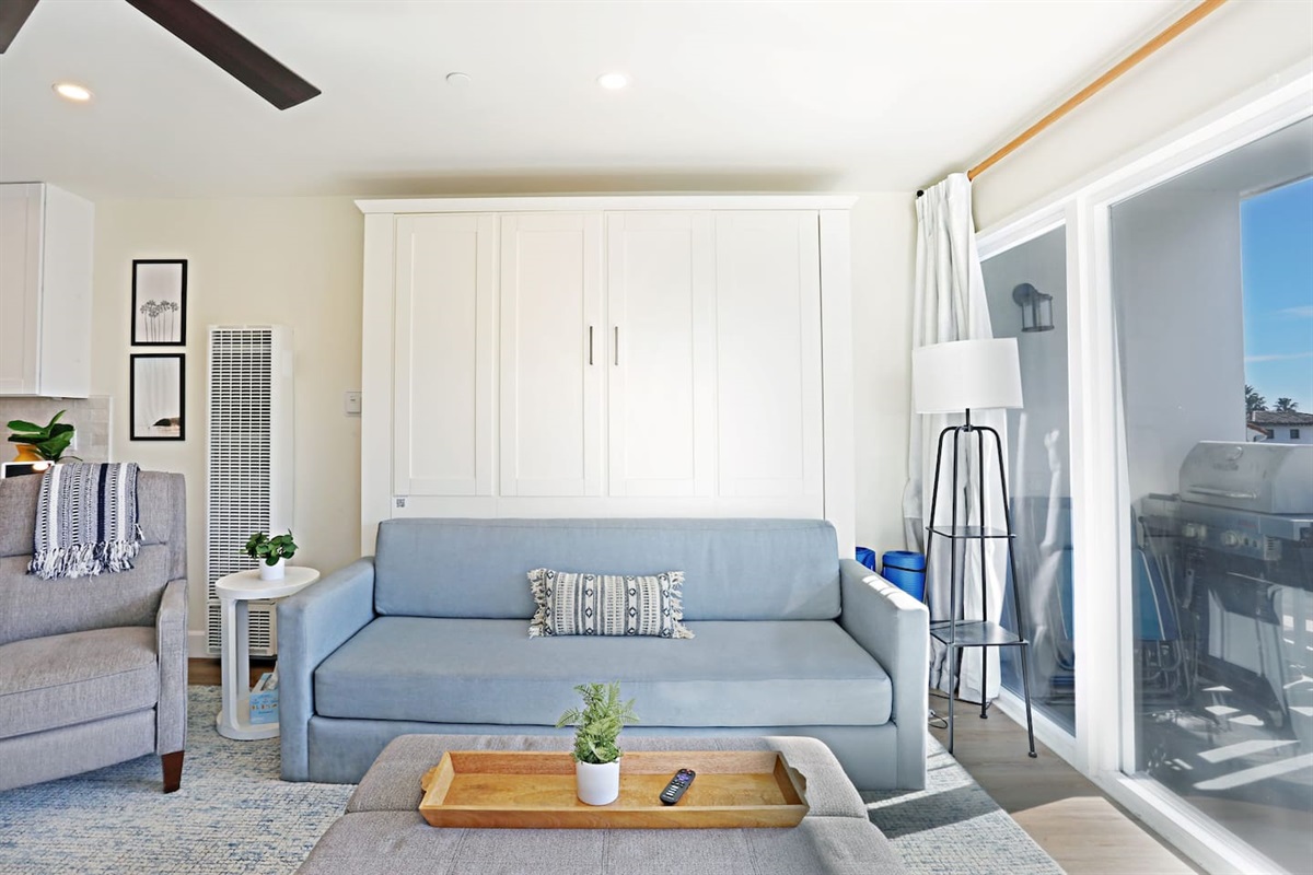 Here is a picture of the Murphy Bed up close in the closed position.  Just remove the sofa back and seat and easily pull (very easy because of air shocks) on the handles and you are ready for bed :)