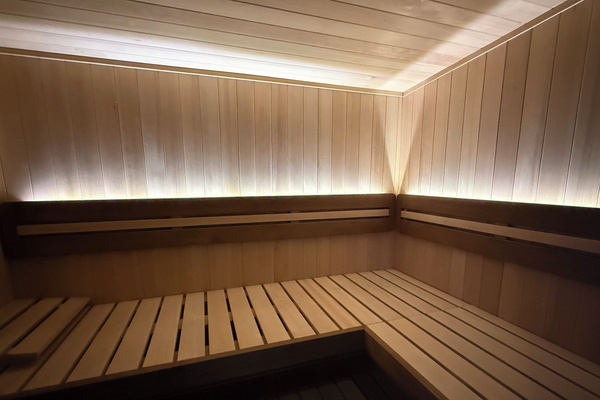 Sauna interior with lighting for evenings