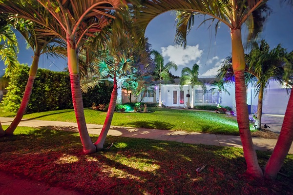 Resort-style nighttime curb appeal with palm trees and ambient lighting