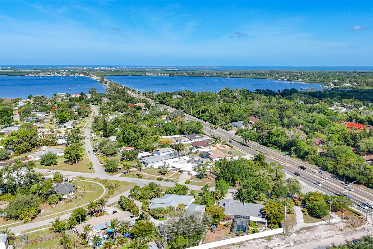 An aerial view, capturing the full charm of our property, and its peaceful and scenic location. 