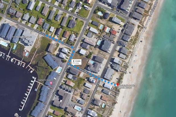 Walking map from unit to beach access (.2 miles/5 mins) 
