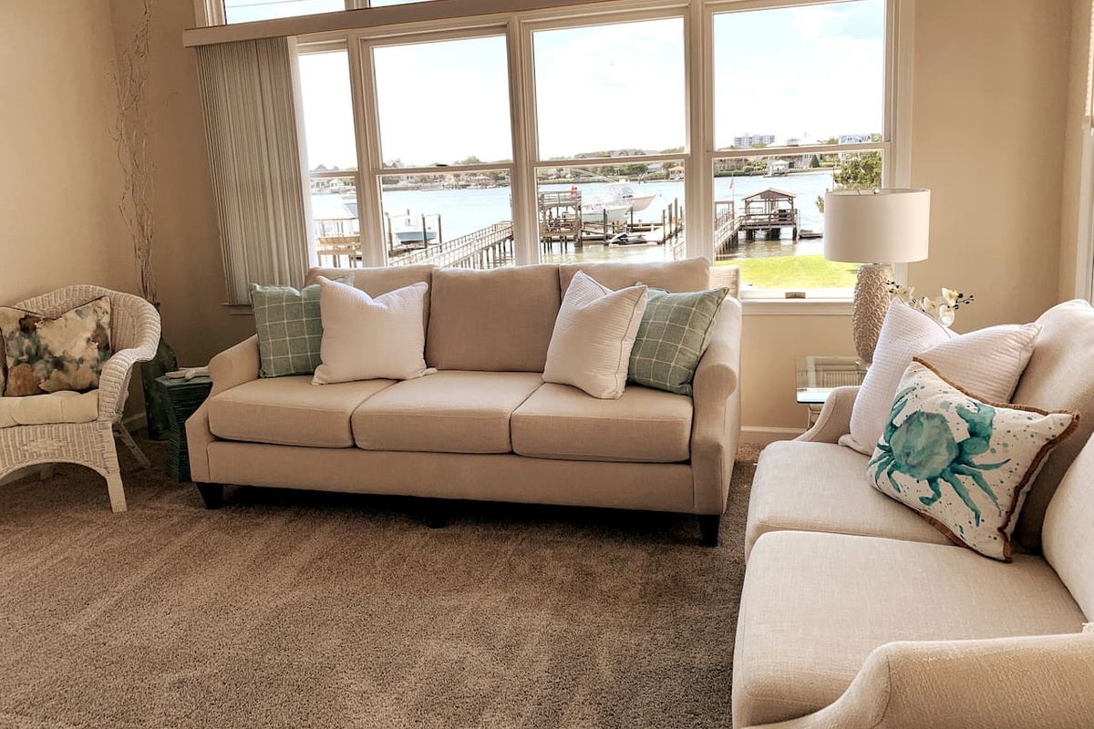 Downstairs Living Area with Banks Channel Waterfront View