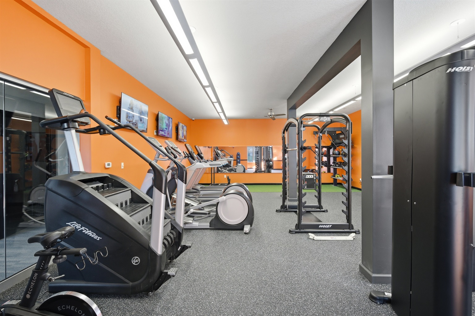 Fully equipped apartment fitness center with ellipticals, treadmills, squat rack, and cable machines.