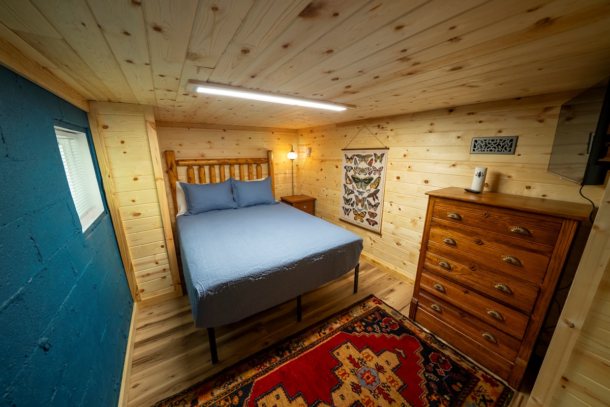 Unwind in the lower-level bedroom with a plush queen bed and Smart TV (lower ceiling height around 6 ft)