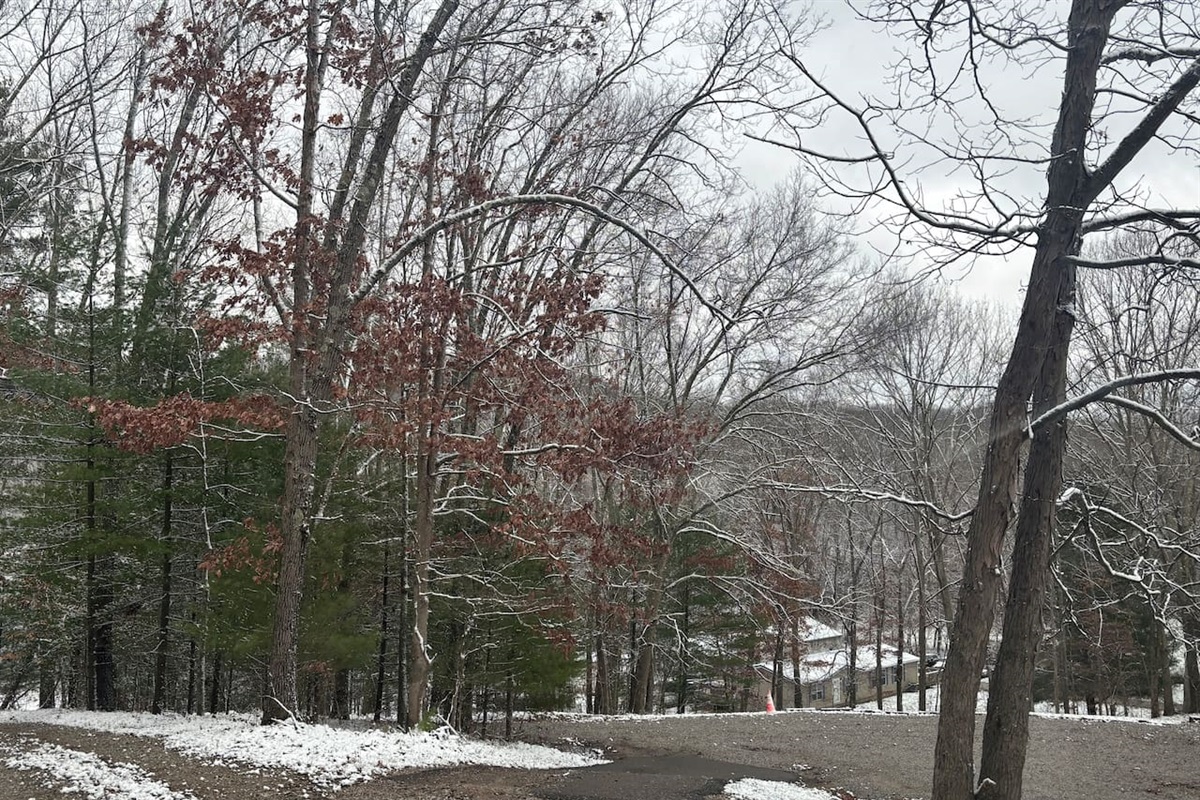 (the house is on the right side of this picture). This is a steep asphalted short hill to the parking lot. Or the left side is a graveled driveway with a lot you can park at as well. It can be tricky. 