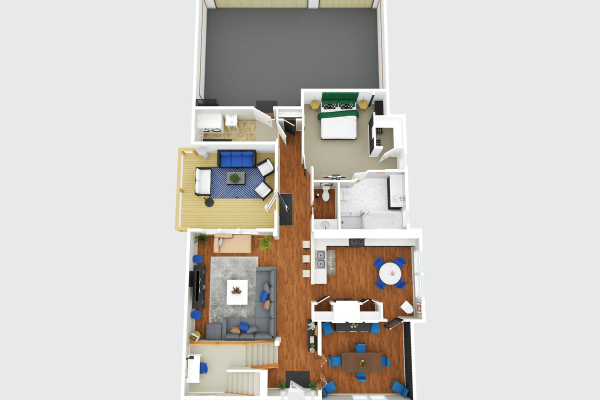 3D Floor Plan of the Main Level showing 1 bedroom, 1.5 bathrooms, Kitchen, Living Room, Dining Room, Laundry, Deck and Garage